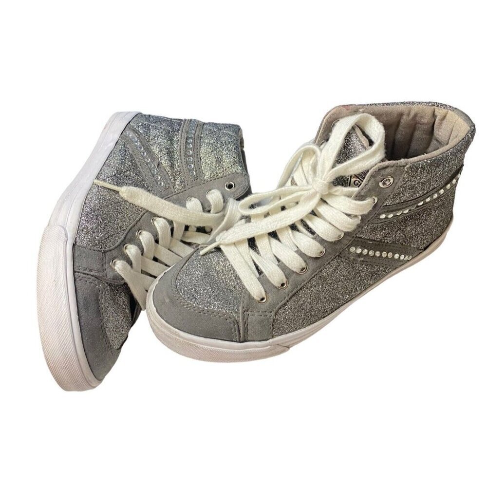 GUESS Women Sneakers Size 7M Silver Glitter Rhinestones High Top Lace Up S-1 - Picture 7 of 9